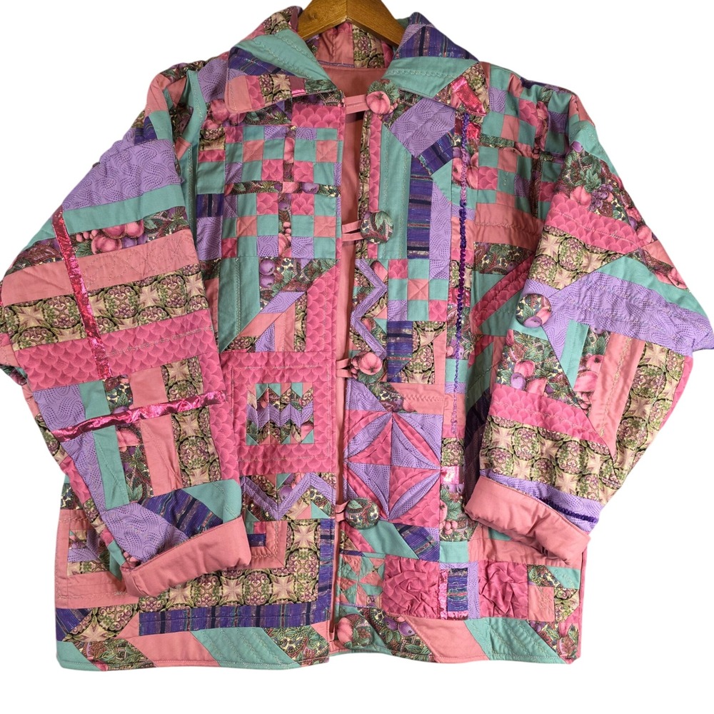 Handmade Quilted Patchwork Jacket Womens XL Pink Purple Teal Wearable Art Boho